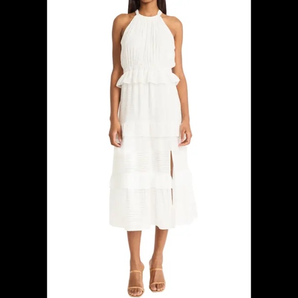 Donna Morgan Halter Neck Ruffle Tiered Midi Dress Size 14 Women Feminine White - Picture 1 of 11
